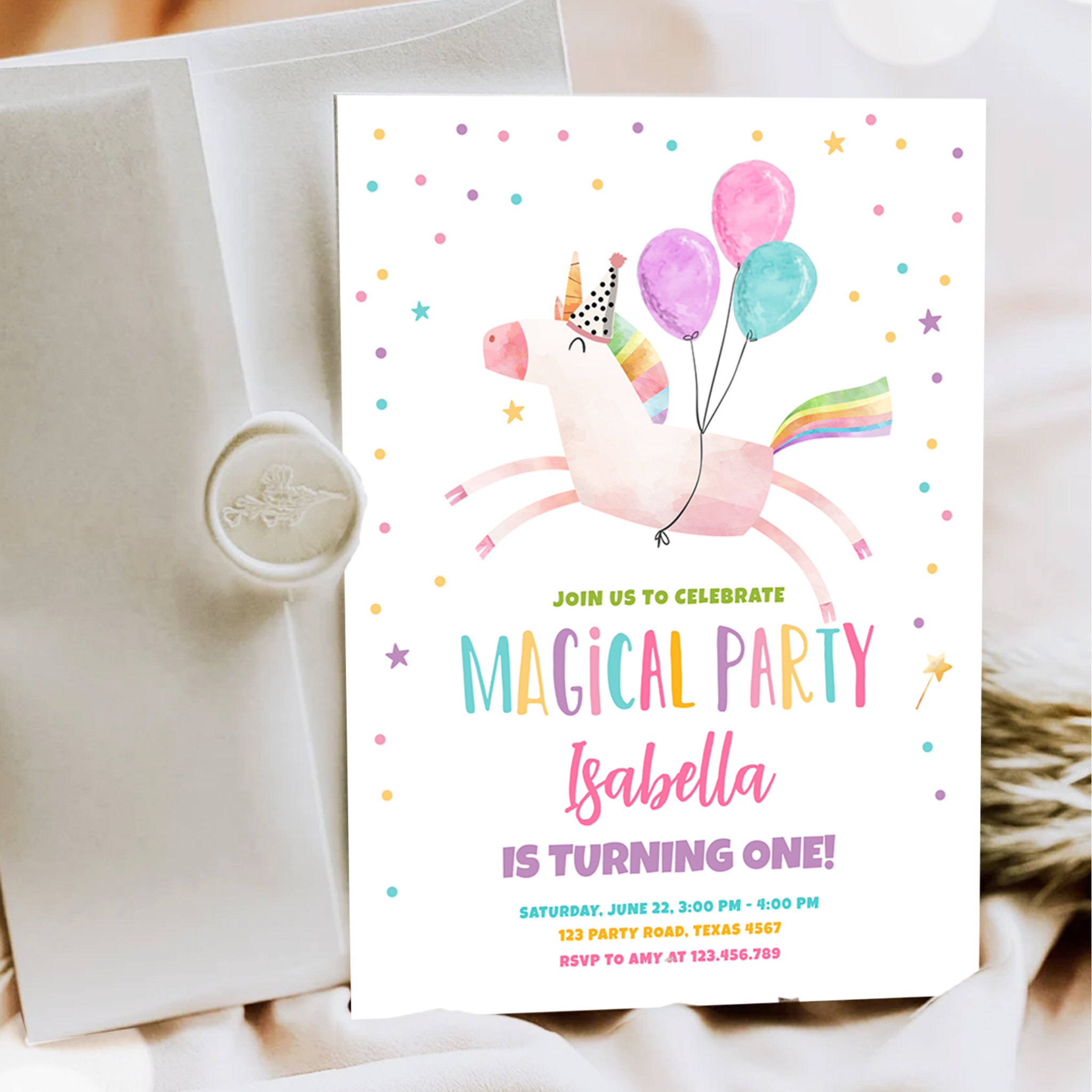 Magical Unicorn Party Rainbow Girl First Birthday Invitation