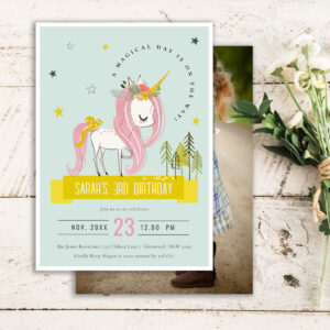 Magical Unicorn Pink Yellow Kids Photo Birthday Invitation