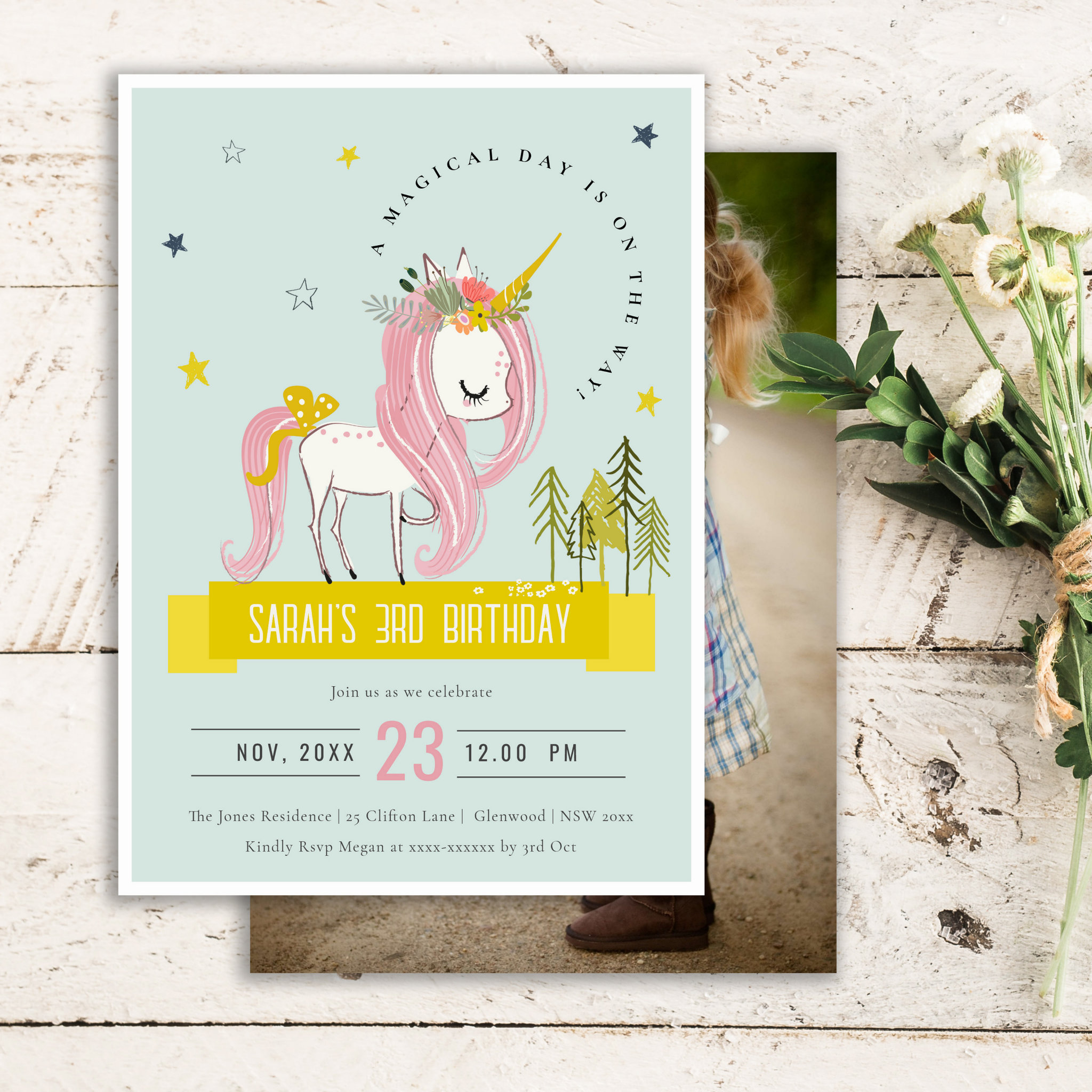 Magical Unicorn Pink Yellow Kids Photo Birthday Invitation