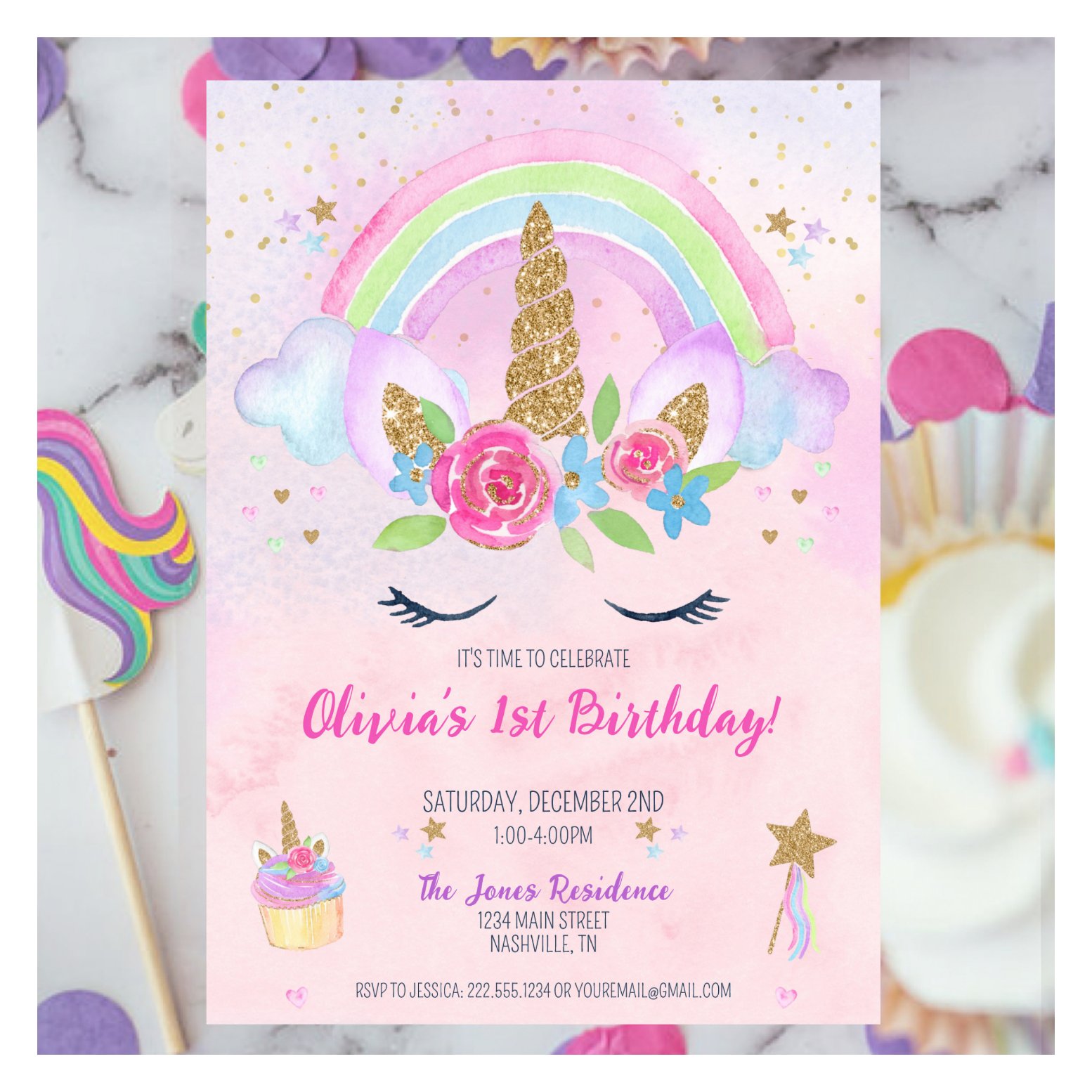 Magical Unicorn Rainbow 1st Birthday Invitation