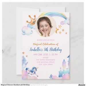 Magical Unicorn Rainbow 5th Birthday Invitation