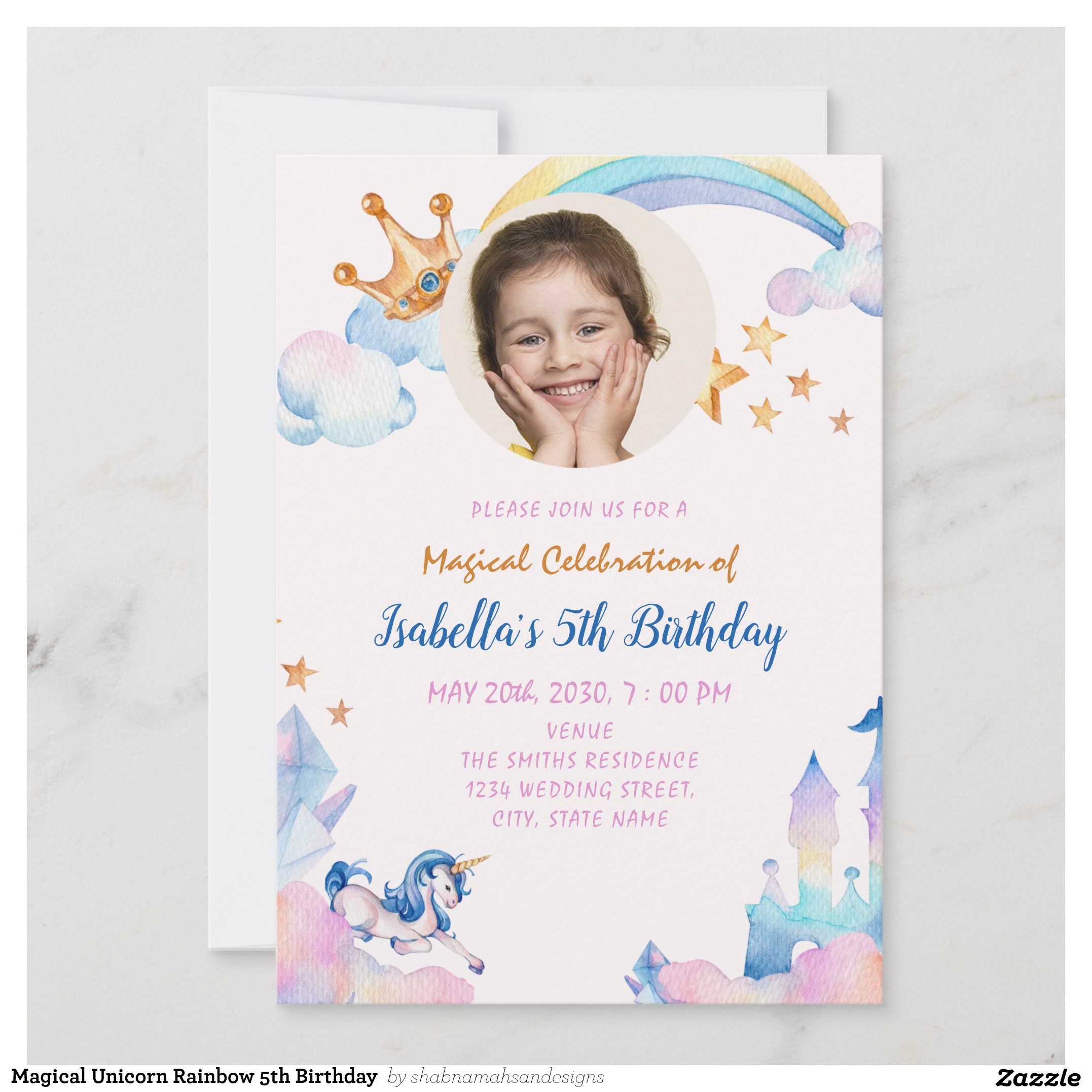 Magical Unicorn Rainbow 5th Birthday Invitation