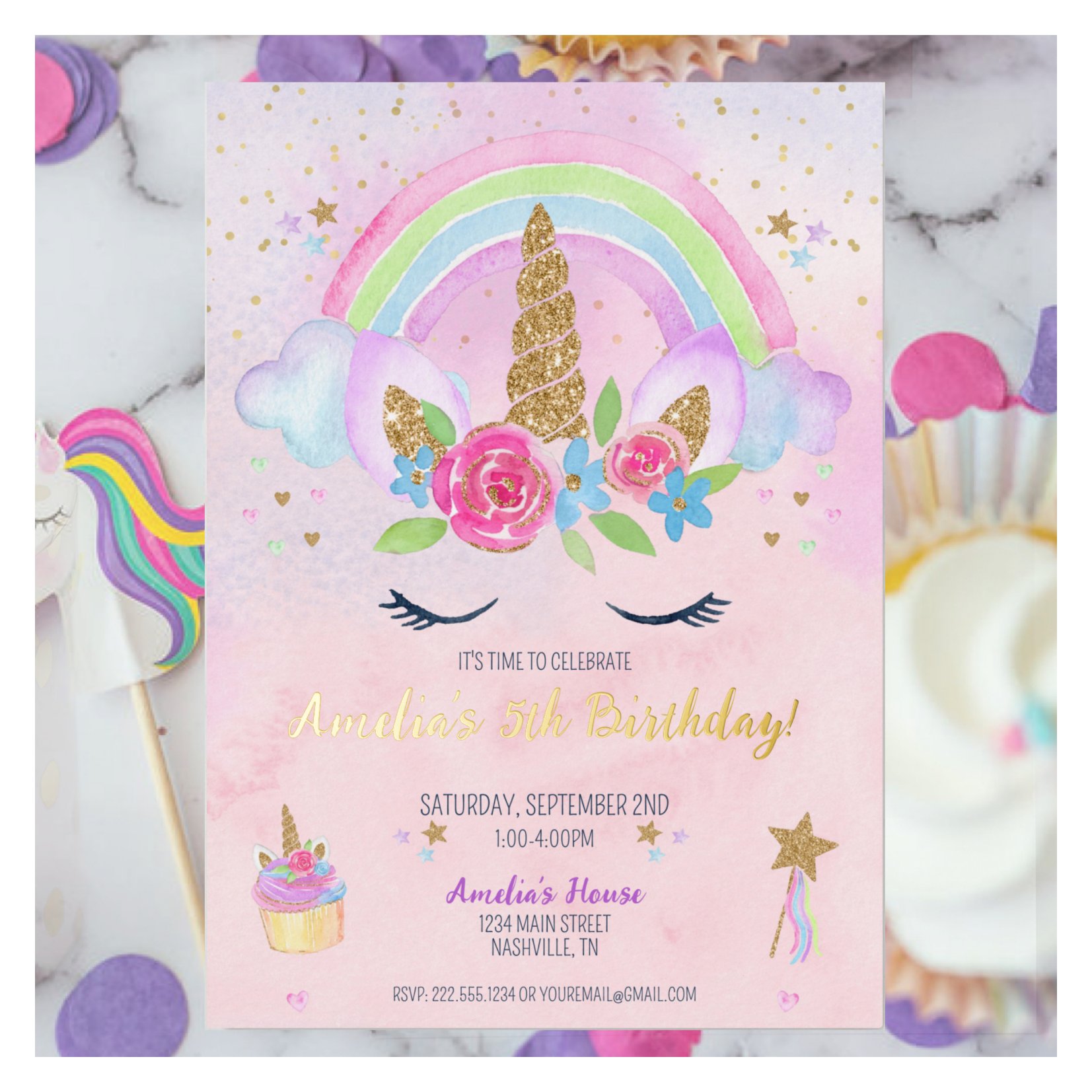 Magical Unicorn Rainbow Birthday Invitation Foil Invitation