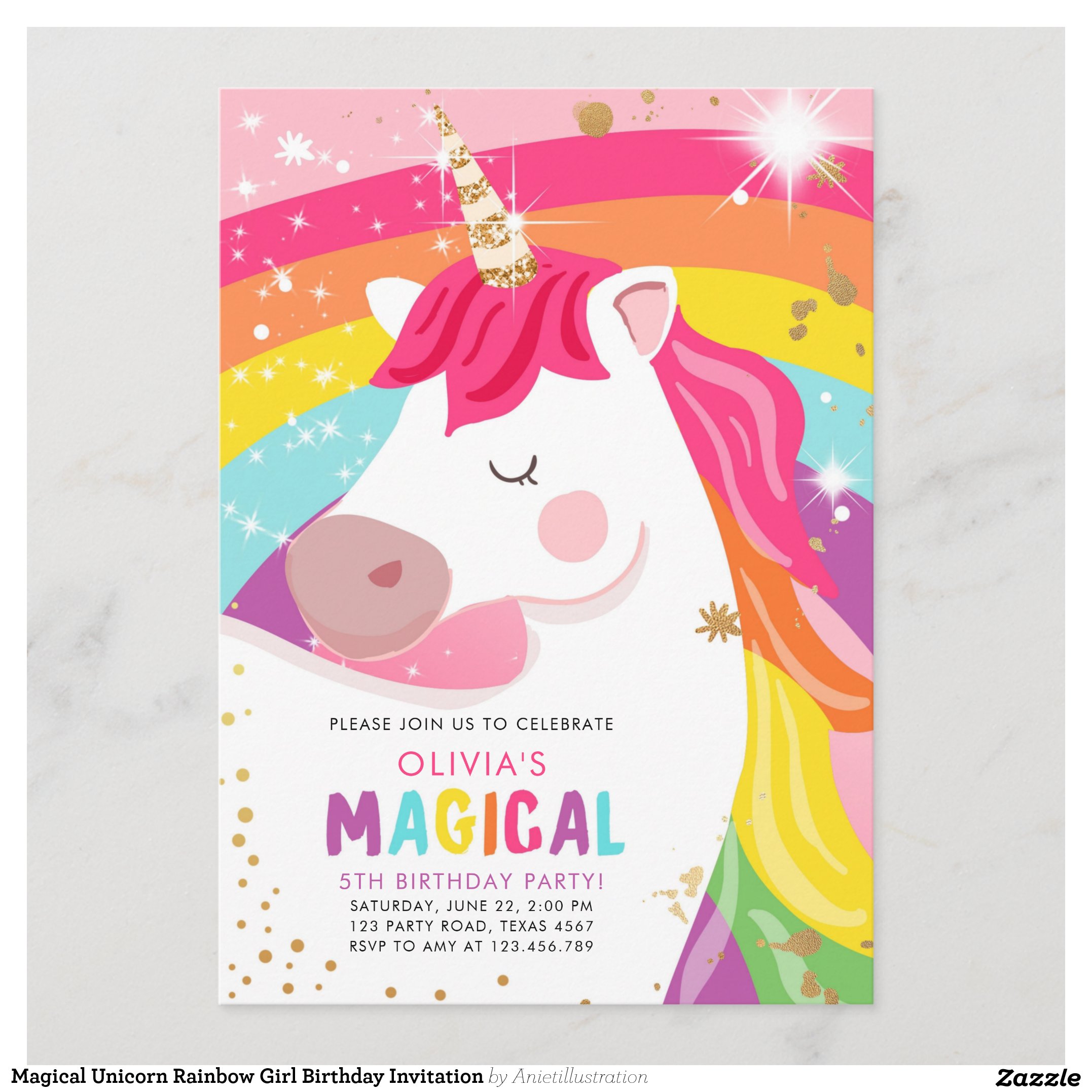 Magical Unicorn Rainbow Girl Birthday Invitation