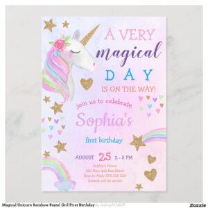 Magical Unicorn Rainbow Pastel Girl First Birthday Invitation