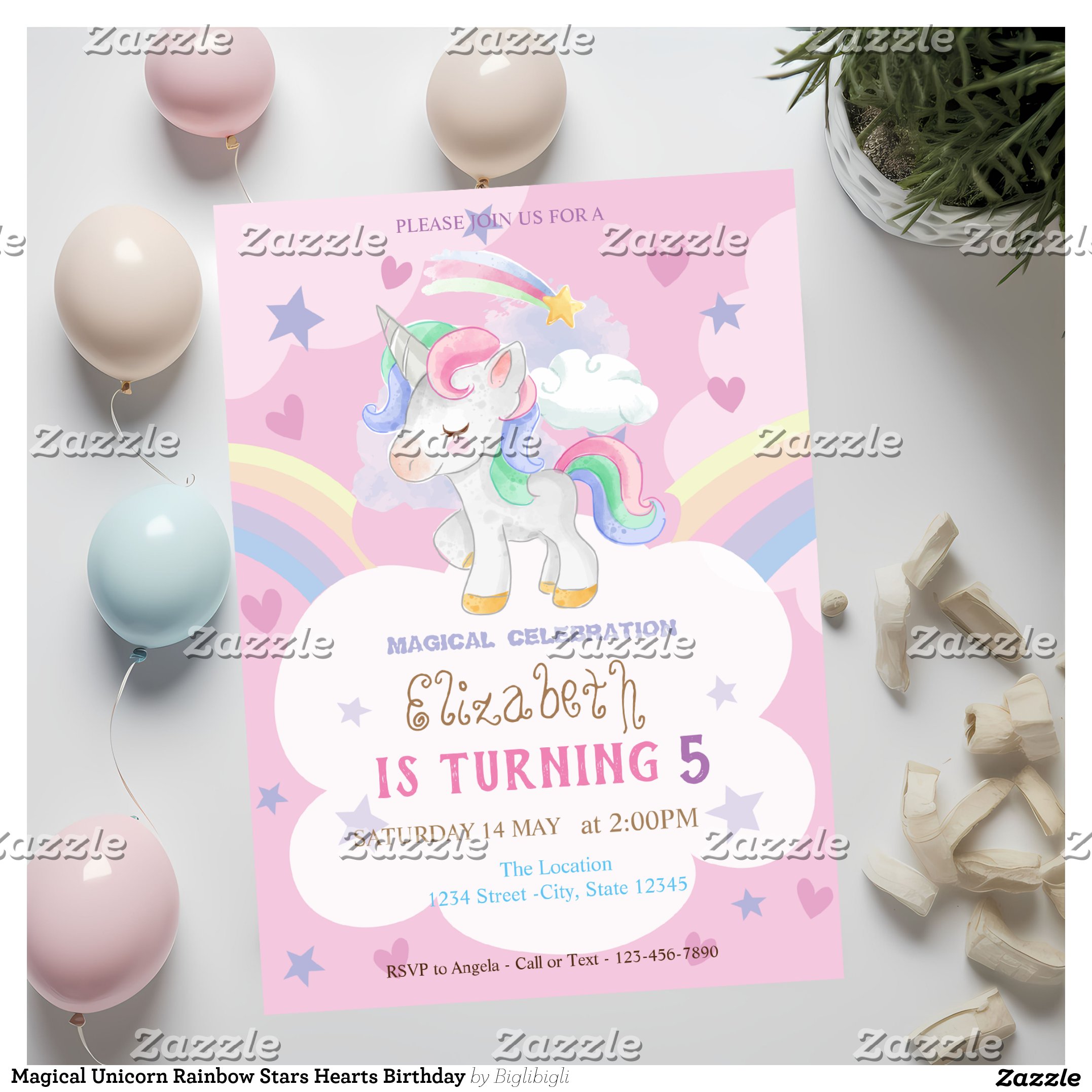 Magical Unicorn Rainbow Stars Hearts Birthday Invitation