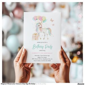 Magical Watercolor Unicorn Any Age Birthday Invitation
