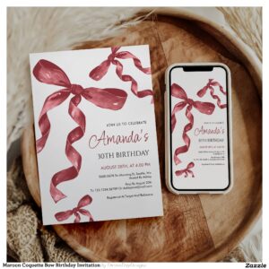 Maroon Coquette Bow Birthday Invitation