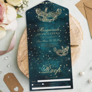 Masquerade mask chic gold glitter quinceanera teal all in one invitation