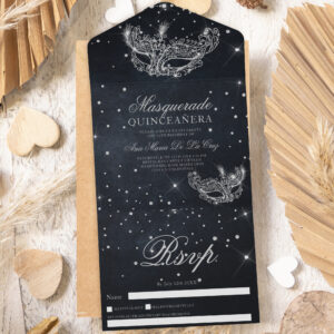 Masquerade mask silver glitter quinceanera black all in one invitation