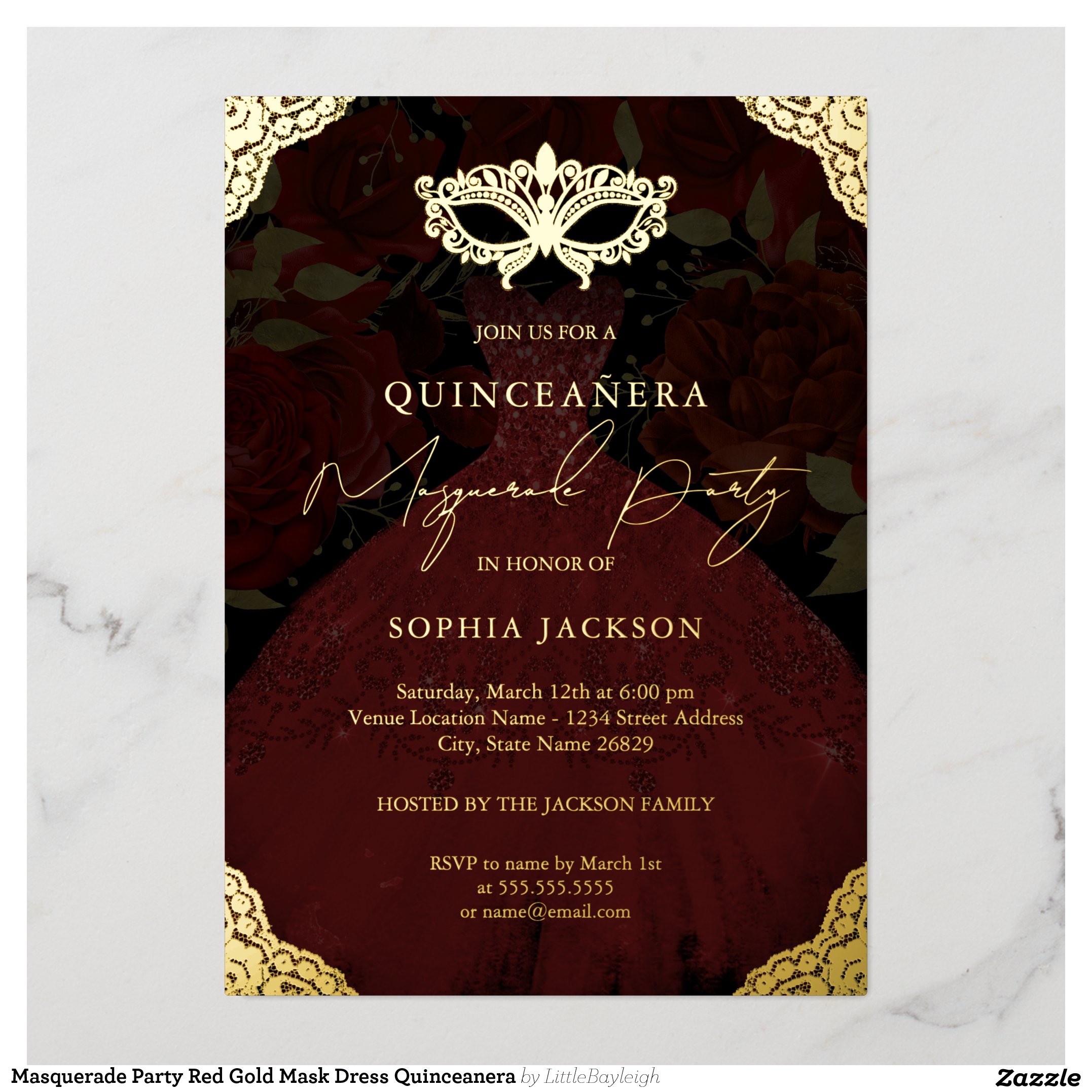 Masquerade Party Red Gold Mask Dress Quinceanera Foil Invitation
