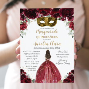 Masquerade Quincea?era Rich Burgundy Red Floral Invitation
