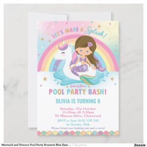 Mermaid and Unicorn Pool Party Brunette Blue Eyes Invitation