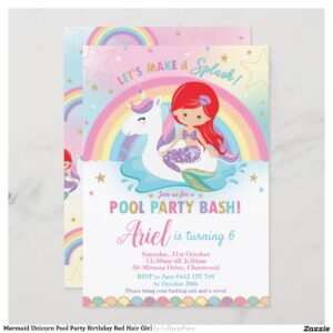 Mermaid Unicorn Pool Party Birthday Red Hair Girl Invitation