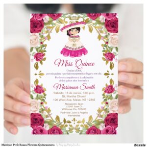 Mexican Pink Roses Flowers Quinceanera Invitation