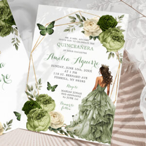 Mexican Princess Butterfly sage green Quincea?era Invitation