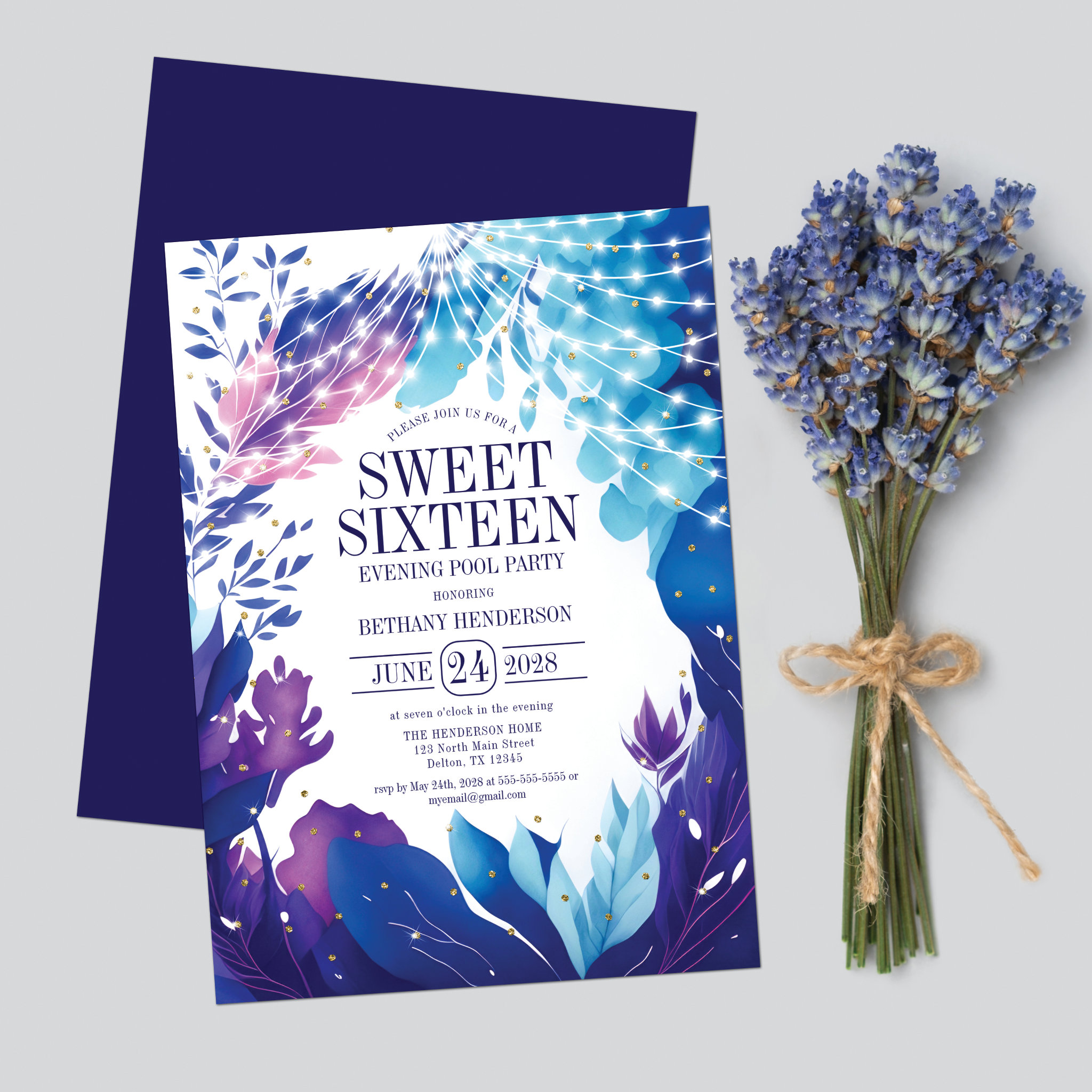 Midnight Blue Foliage Evening Pool Party Sweet 16 Invitation