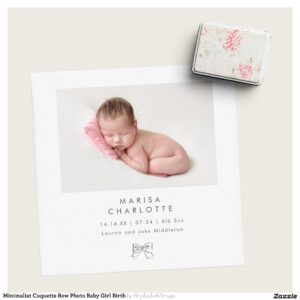 Minimalist Coquette Bow Photo Baby Girl Birth Announcement