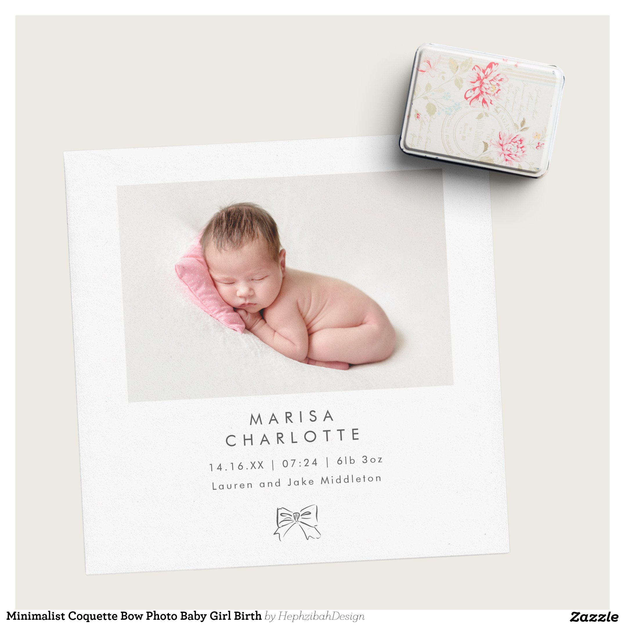 Minimalist Coquette Bow Photo Baby Girl Birth Announcement