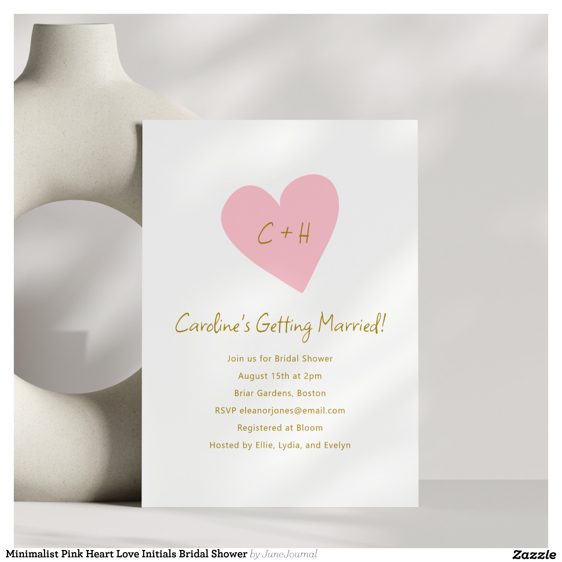 Minimalist Pink Heart Love Initials Bridal Shower Invitation