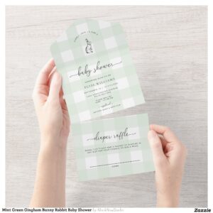 Mint Green Gingham Bunny Rabbit Baby Shower All In One Invitation