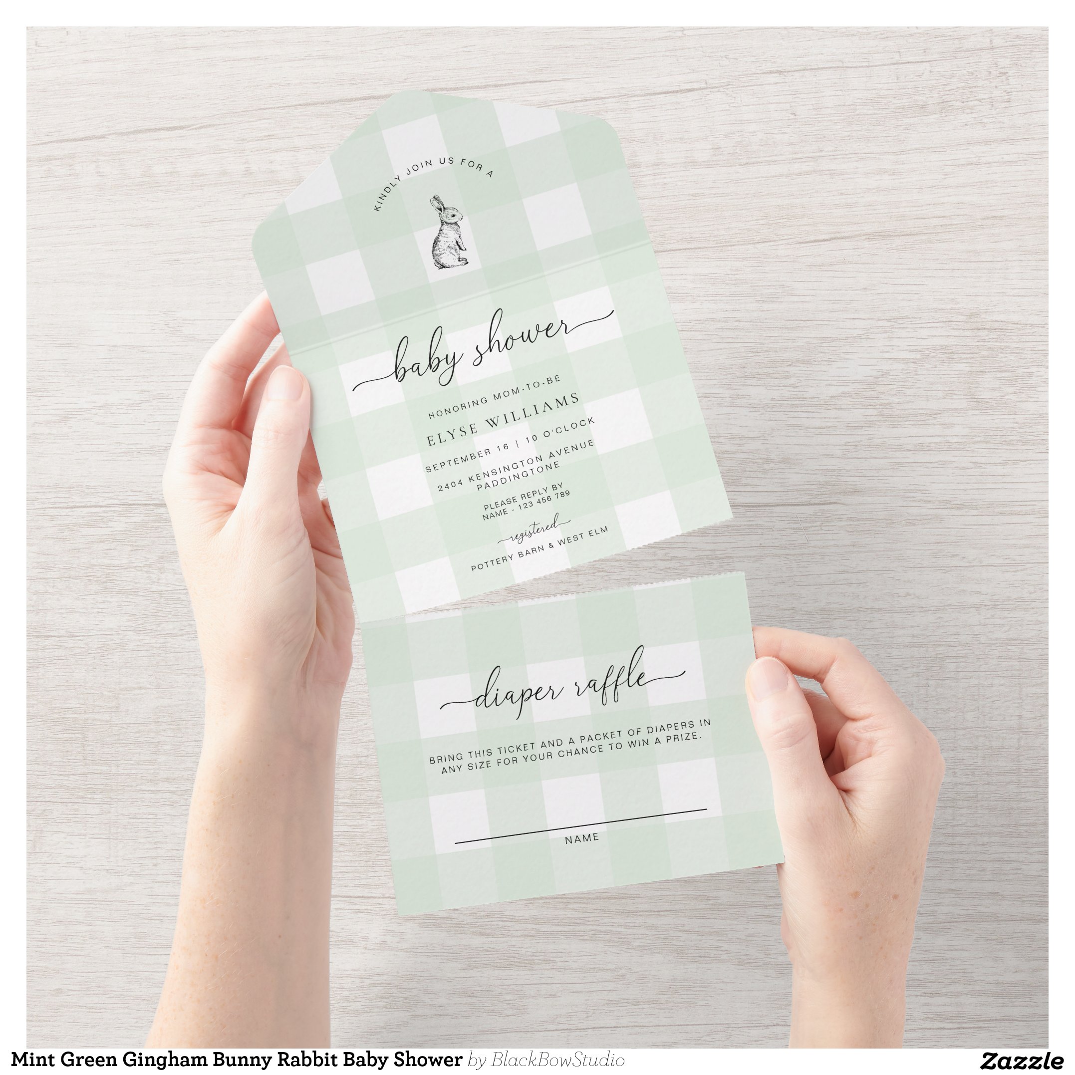 Mint Green Gingham Bunny Rabbit Baby Shower All In One Invitation