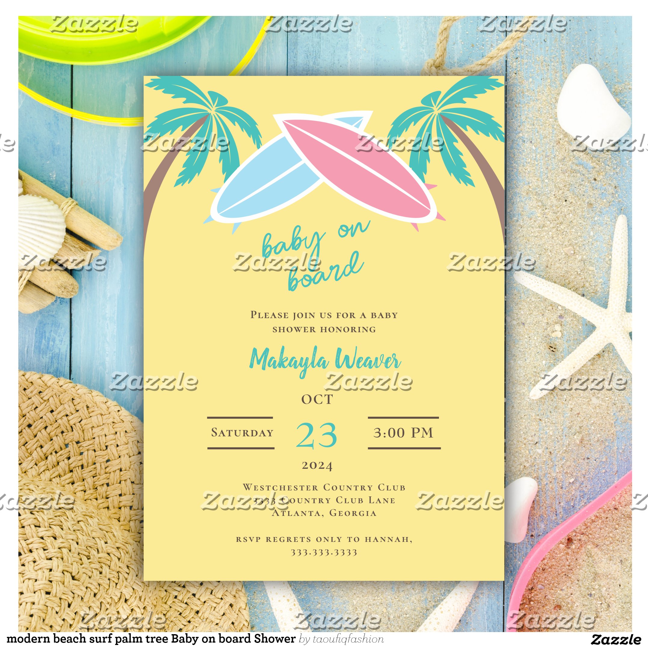 modern beach surf palm tree Baby on board Shower Invitation