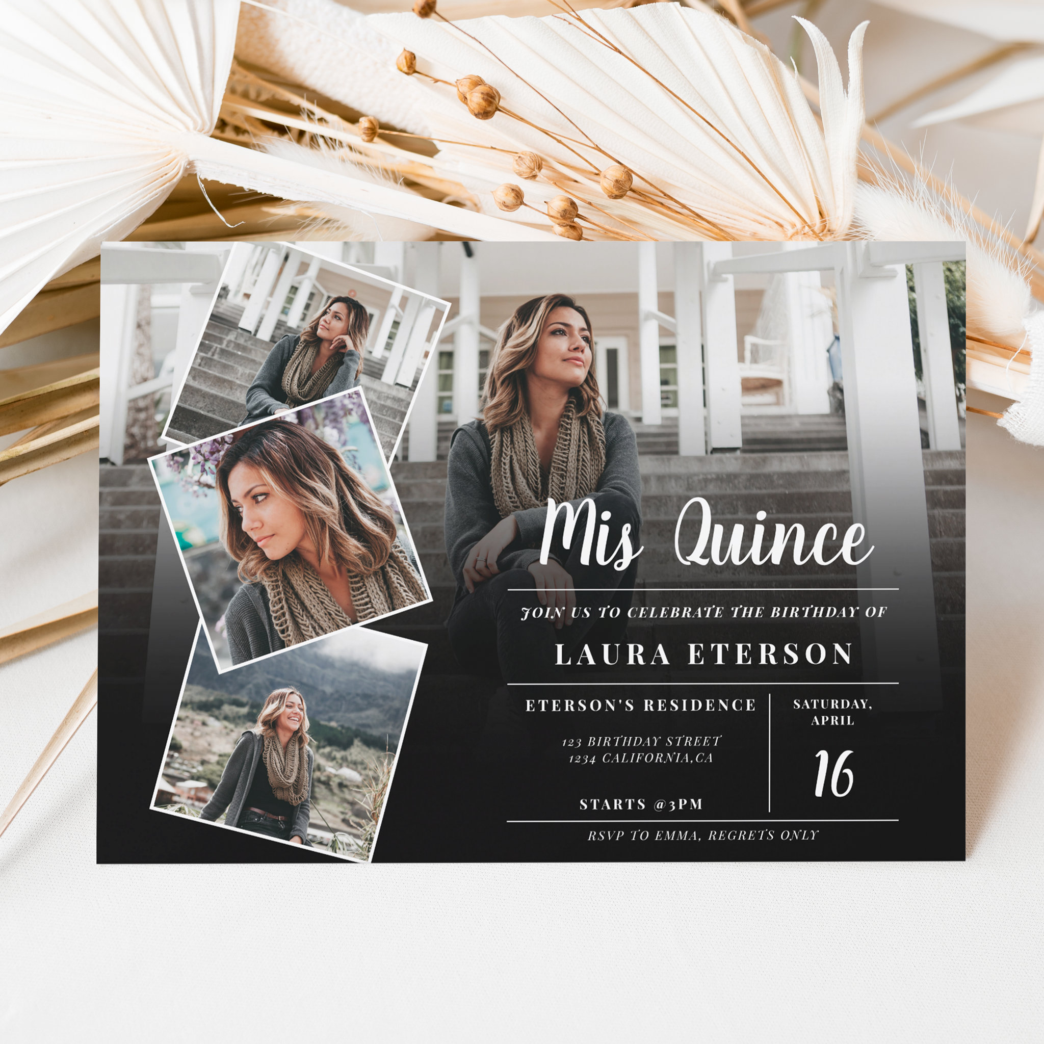 Modern black white minimalist photo Quinceanera Invitation