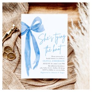 Modern Blue Bow She's Tying the Knot Bridal Shower Invitation