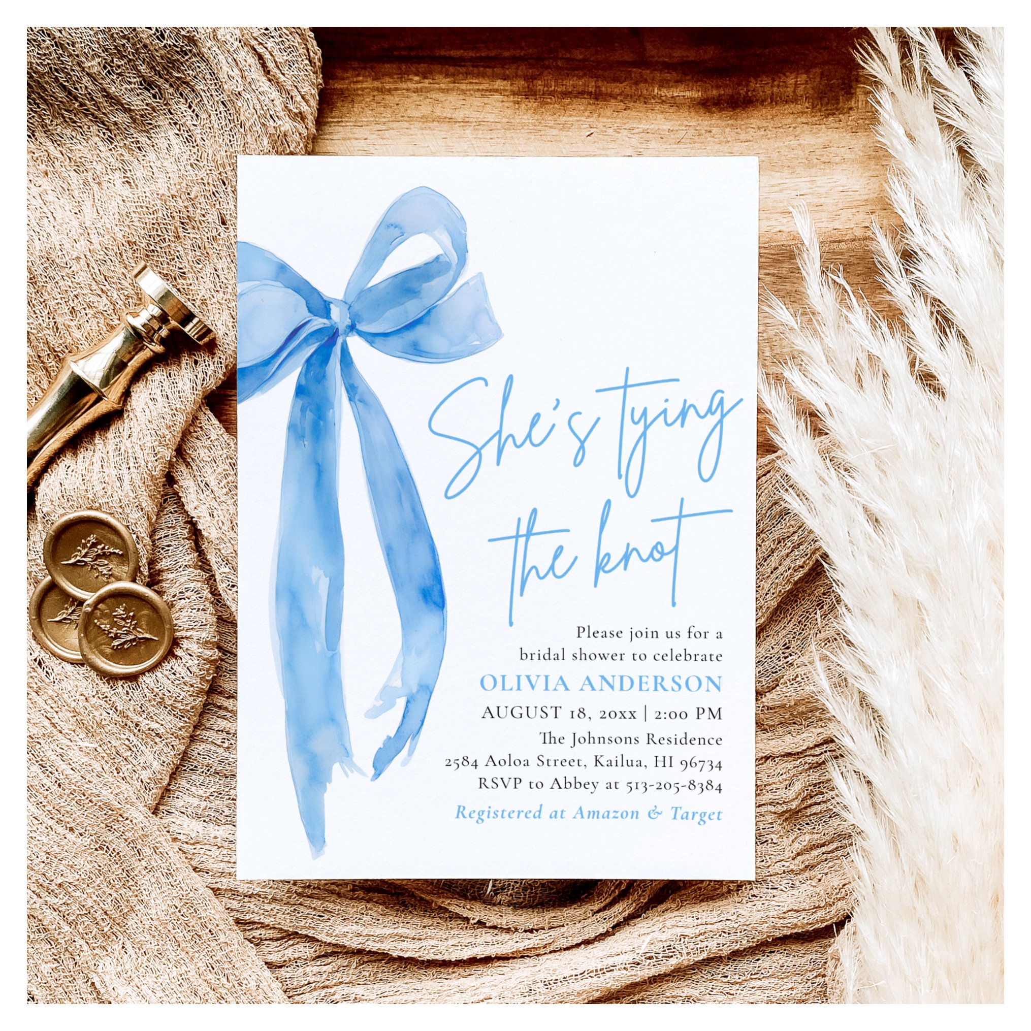 Modern Blue Bow She's Tying the Knot Bridal Shower Invitation