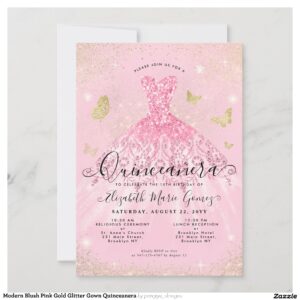 Modern Blush Pink Gold Glitter Gown Quinceanera Invitation