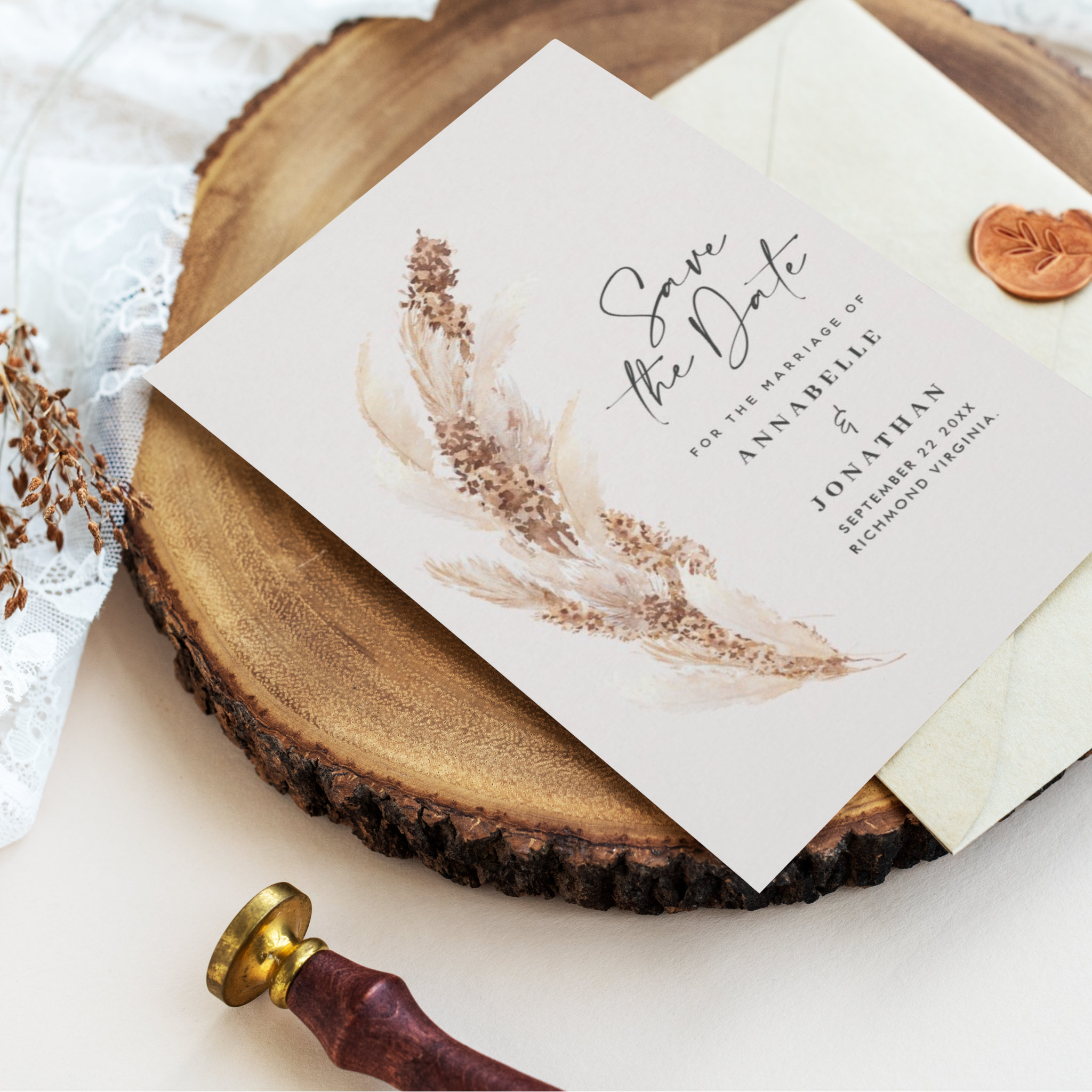 Modern bohemian natural pampas grass wedding save the date