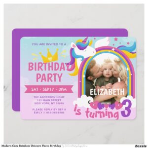 Modern Cute Rainbow Unicorn Photo Birthday Invitation
