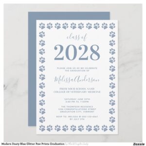 Modern Dusty Blue Glitter Paw Prints Graduation Invitation