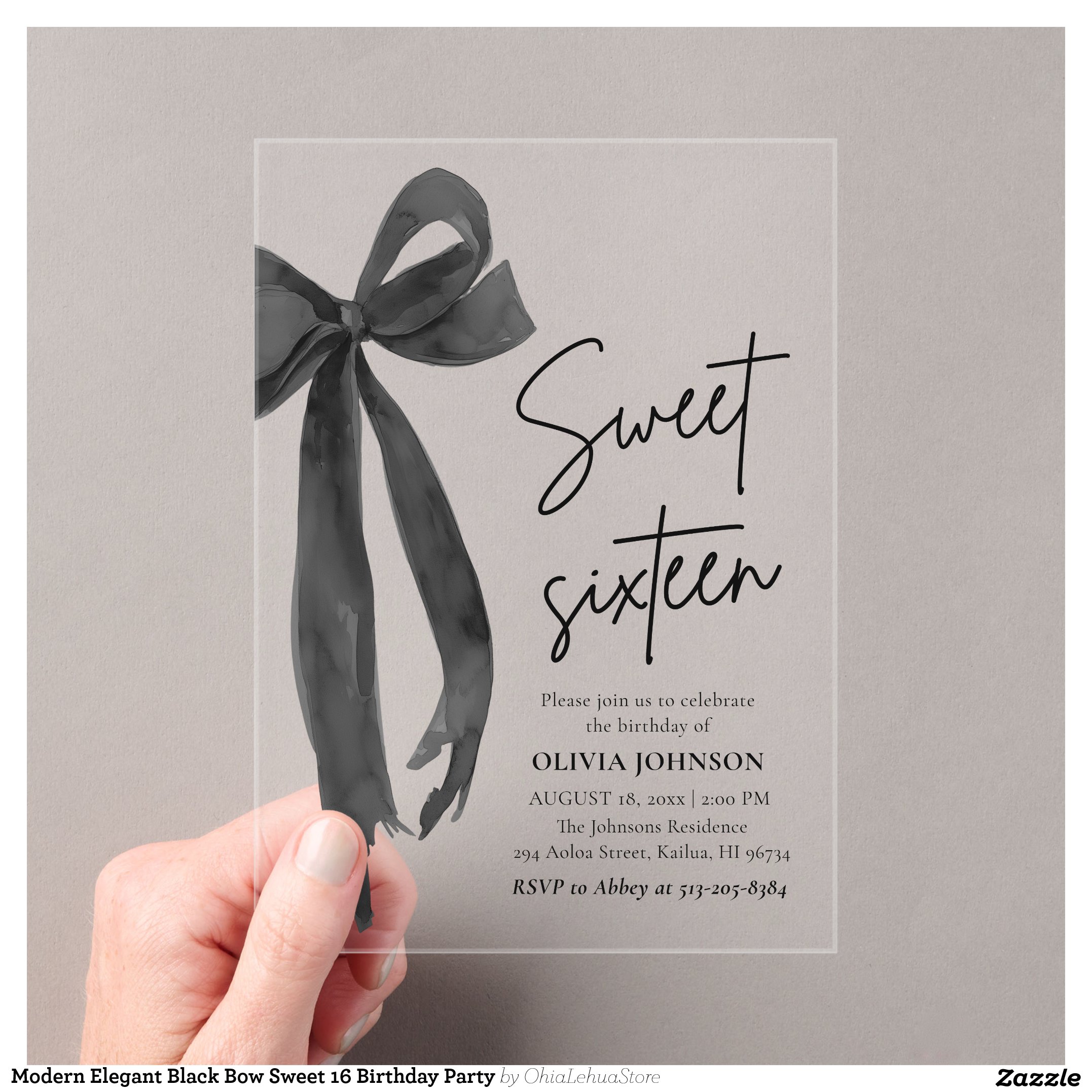 Modern Elegant Black Bow Sweet 16 Birthday Party Acrylic Invitations
