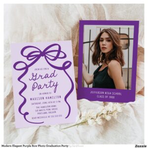 Modern Elegant Purple Bow Photo Graduation Party Invitation