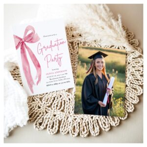 Modern Elegant Trendy Pink Bow Photo Graduation Invitation