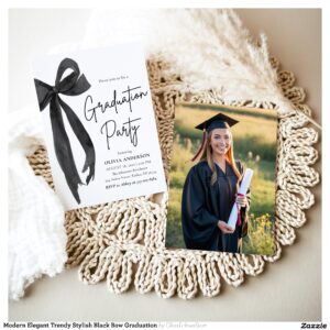 Modern Elegant Trendy Stylish Black Bow Graduation Invitation