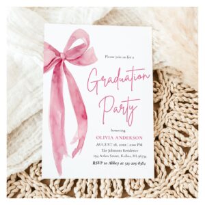 Modern Elegant Trendy Stylish Pink Bow Graduation Invitation