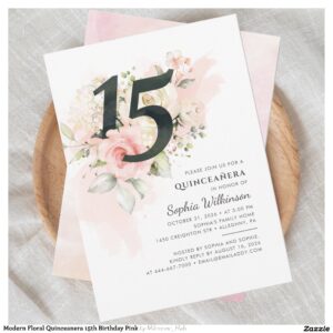 Modern Floral Quinceanera 15th Birthday Pink Invitation