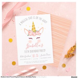 Modern Gold Floral Magical Unicorn Birthday Party Invitation Postcard
