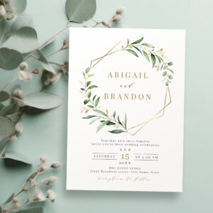 Modern Greenery Gold Geometric Rustic Wedding Invitation
