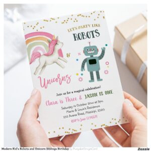 Modern Kid's Robots and Unicorn Siblings Birthday Invitation