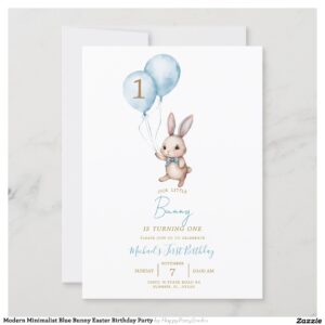 Modern Minimalist Blue Bunny Easter Birthday Party Invitation