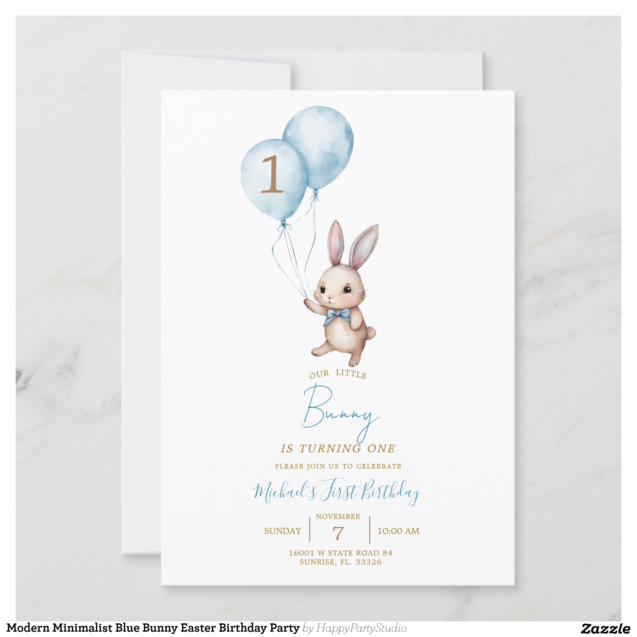 Modern Minimalist Blue Bunny Easter Birthday Party Invitation