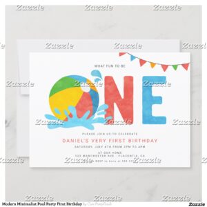 Modern Minimalist Pool Party First Birthday Invitation