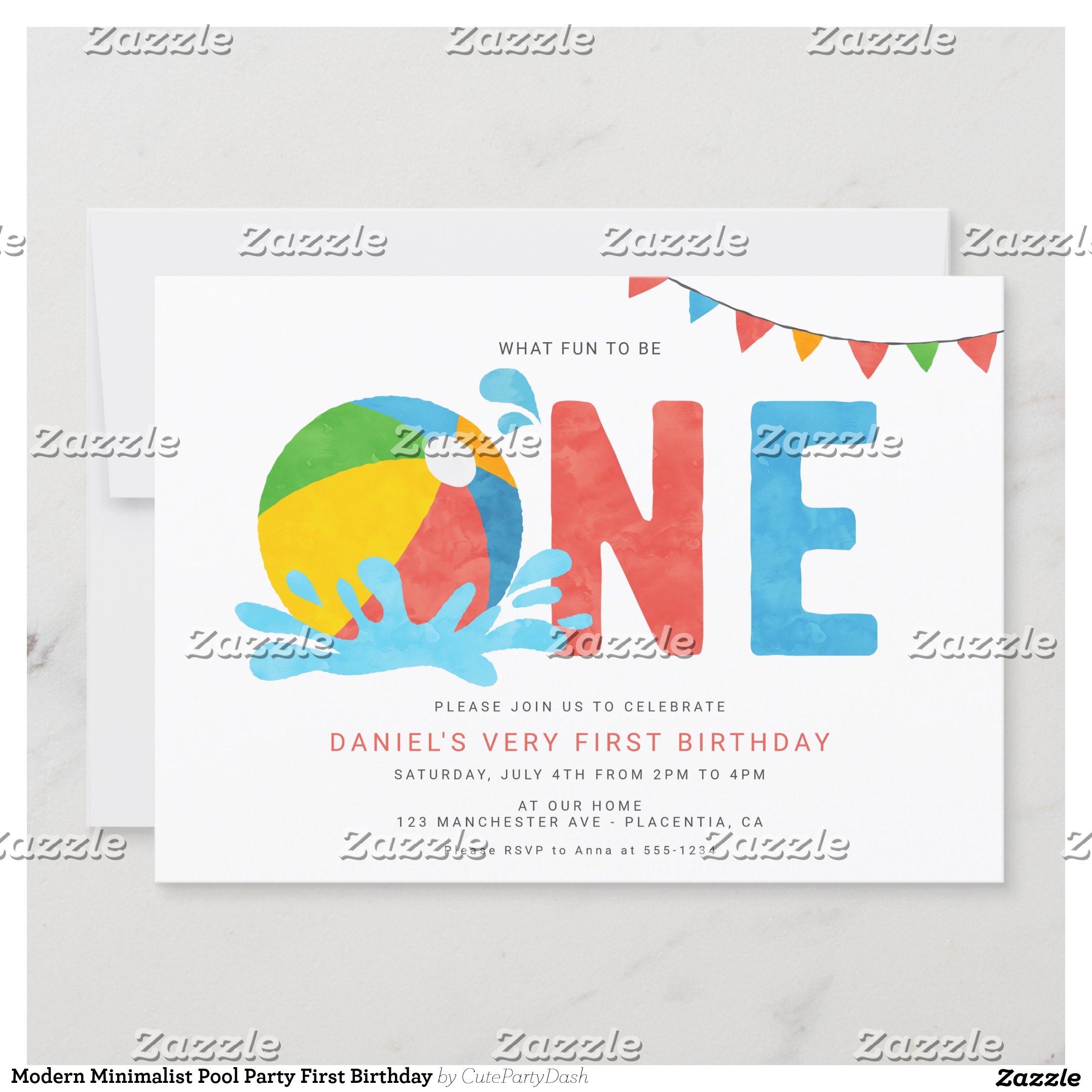 Modern Minimalist Pool Party First Birthday Invitation