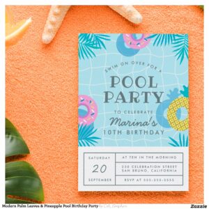 Modern Palm Leaves & Pineapple Pool Birthday Party Invitation