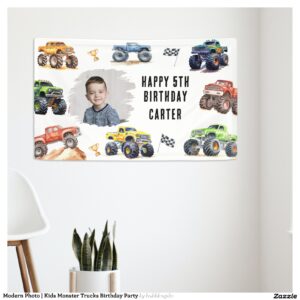 Modern Photo Kids Monster Trucks Birthday Party Banner