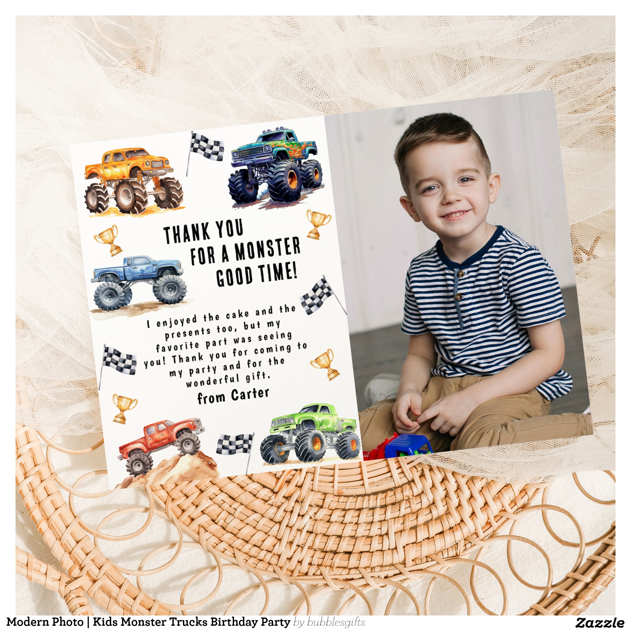 Modern Photo Kids Monster Trucks Birthday Party Thank You Card